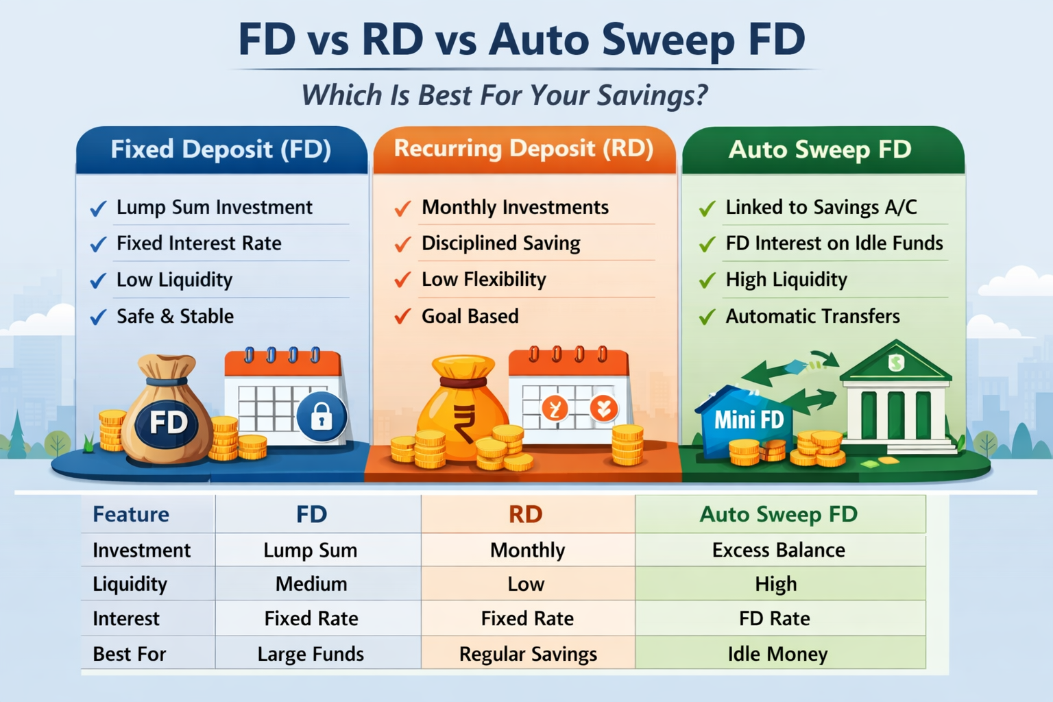 FD vs RD vs Auto Sweep FD comparison infographic 2026